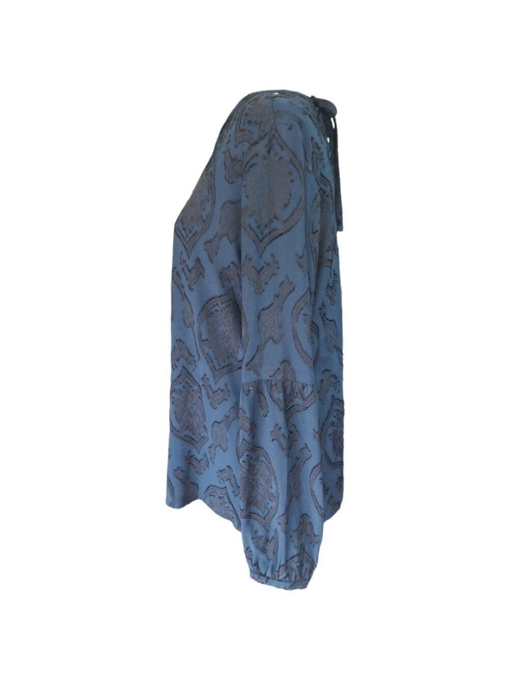 Loft Blouse Blue With Black Velvet Textured Burnout Pattern Top Size Medium - Picture 2 of 8
